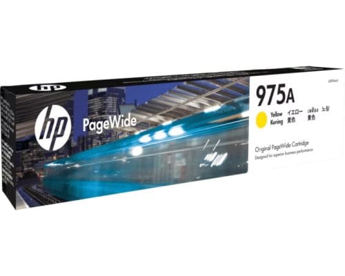 HP 975A Yellow PageWide printer cartridge packaging.